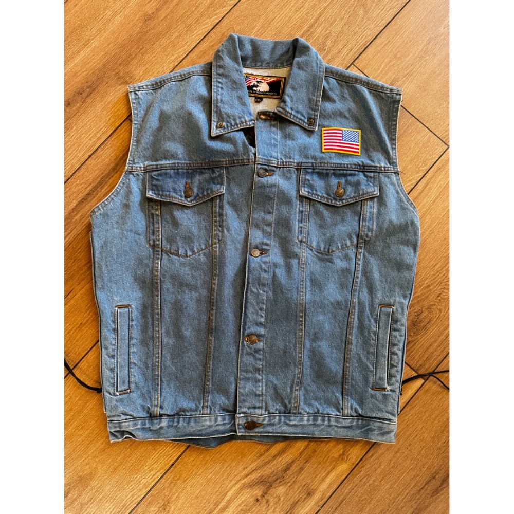Denim Biker Vest XXL Blank States Traveled Patch Lace Up